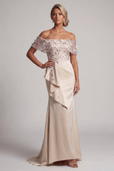Apricot Floral Long Beaded Mermaid Mother of the Bride Dress with Ruffles
