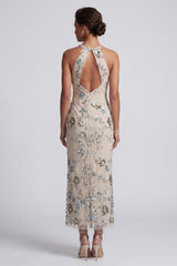 Sparkly Grey Blue Floral Sheath Keyhole Long Beaded Mother of the Bride Dress
