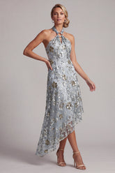 A Line Asymmetrical Sparkly Grey Blue Floral Beaded Mother of the Bride Dress