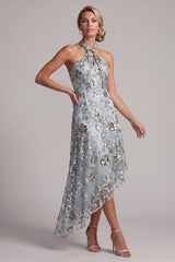 A Line Asymmetrical Sparkly Grey Blue Floral Beaded Mother of the Bride Dress