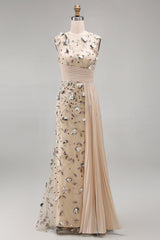 Apricot Floral Long Beaded Mermaid Mother of the Bride Dress with Pockets