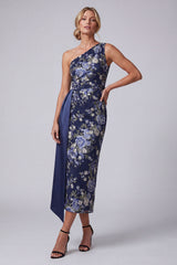 One Shoulder Sheath Floral Navy Long Mother of the Bride Dress with Sash