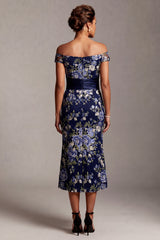 Mermaid Off the Shoulder Floral Navy Long Mother of the Bride Dress with Sash