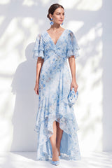 Blue Sheath Ruffled High-Low V-Neck Floral Mother of the Bride Dress with Sleeves