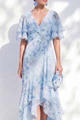 Blue Sheath Ruffled High-Low V-Neck Floral Mother of the Bride Dress with Sleeves