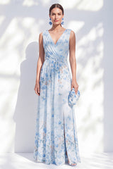 Blue Floral A Line Long V-Neck Mother of the Bride Dress with Slit
