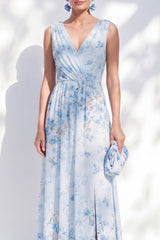 Blue Floral A Line Long V-Neck Mother of the Bride Dress with Slit