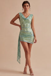 Sparkly Light Green Tight Short Sequin Cowl Neck Homecoming Dress with Sash
