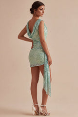 Sparkly Light Green Tight Short Sequin Cowl Neck Homecoming Dress with Sash