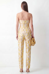 2 Piece Strapless Yellow Floral Slim Fit Women Suits