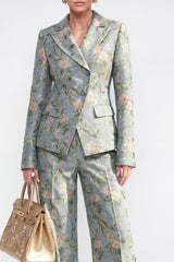2 Piece Grey Blue Floral Peak Lapel Single Breasted Women Suits