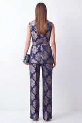 2 Piece Navy Floral Shawl Lapel Women Suits with Pockets