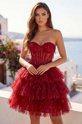 A Line Sparkly Burgundy Short Strapless Beaded Corset Homecoming Dress