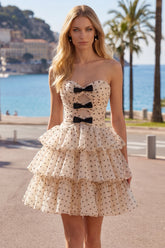 Apricot and Black Dot A Line Strapless Short Keyhole Homecoming Dress
