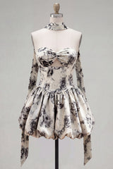 White Black Flower A Line Strapless Keyhole Short Homecoming Dress