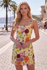 Butter Yellow Floral Tight Short Square Neck Homecoming Dress