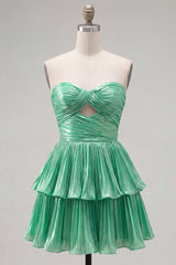Green Sweetheart Pleated Tiered A-Line Short 80s Homecoming Dress