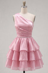 Pink One Shoulder Tiered Ruffled Short 80s Homecoming Dress