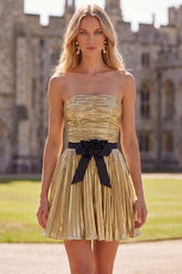 Golden Metallic Pleated A-Line Short Homecoming Dress with Bow
