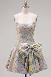 Grey Jacquard A-Line Short Corset Homecoming Dress with Bow