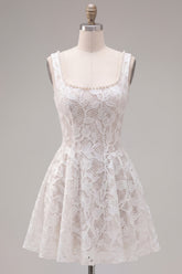 Floral White Lace Beaded Scoop Neck A-Line Short Homecoming Dress