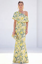 Yellow Floral One Shoulder Mermaid Long Mother of the Bride Dress