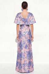 Floral Pink Blue V-Neck Long Mother of the Bride Dress with Sleeves