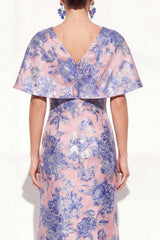 Floral Pink Blue V-Neck Long Mother of the Bride Dress with Sleeves