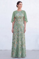 Sparkly Floral Green Boat Neck Long Mother of the Bride Dress with Cape
