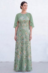 Sparkly Floral Green Boat Neck Long Mother of the Bride Dress with Cape