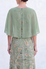 Sparkly Floral Green Boat Neck Long Mother of the Bride Dress with Cape