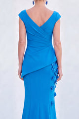 V-Neck Blue Ruched Mermaid Long Mother of the Bride Dress with 3D Flowers