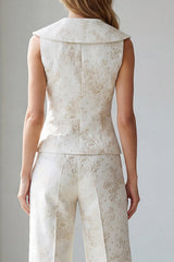 2 Piece Ivory Jacquard Single Breasted V-Neck Work Suits