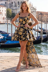 Gold and Black Floral A-Line Short Homecoming Dress with Bow