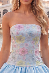 Floral Sky Blue Strapless Tiered A-Line Short Homecoming Dress