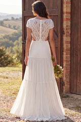 A-Line Ivory Cut Out Sweep Train Beach Wedding Dress with Sleeves