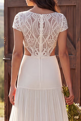 A-Line Ivory Cut Out Sweep Train Beach Wedding Dress with Sleeves