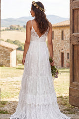 Ivory Lace Tiered A-Line Sweep Train Boho Wedding Dress