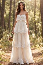 Ivory Tiered Sweetheart A-Line Sweep Train Beach Wedding Dress with Lace