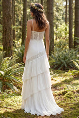 Ivory Chiffon Tiered A-Line Sweep Train Beach Wedding Dress with Lace