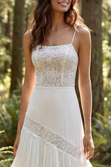 Ivory Chiffon Tiered A-Line Sweep Train Beach Wedding Dress with Lace