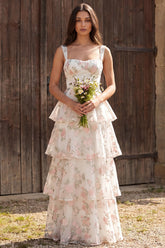 Floral Ivory Tiered Ruffled A-Line Thick Straps Maxi Wedding Dress