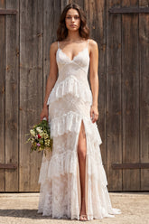 Ivory Lace Tiered Sweep Train A-Line Boho Wedding Dress with Slit