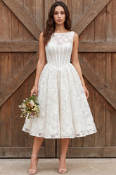 Ivory Floral Corset Boat Neck A Line Midi Engagement Dress