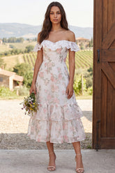 Floral Ivory Tiered Ruffled A-Line Long Engagement Dress with Lace