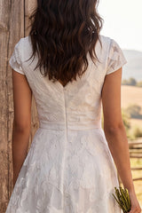 Ivory Floral Ruched A-Line Cap Sleeves Maxi Engagement Dress