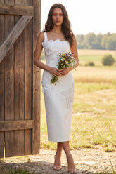 Floral Ivory Square Neck Sheath Maxi Engagement Dress with Beading