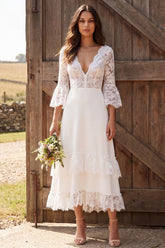 3/4 Sleeves Ivory Lace V-Neck A-Line Maxi Engagement Dress
