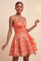 Orange Lace A Line Ruched Short Homecoming Dress with Sash