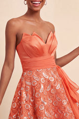 Orange Lace A Line Ruched Short Homecoming Dress with Sash
